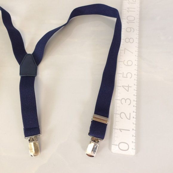 Boy Leather Navy Blue Y Back Classic Suspenders Solid Silver Clip Stretch Braces - Picture 3 of 6